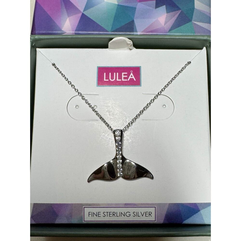 LULEA Sterling Silver 925 Whale Tail W/Clear Stones Pendant Necklace New in Box - Picture 2 of 7